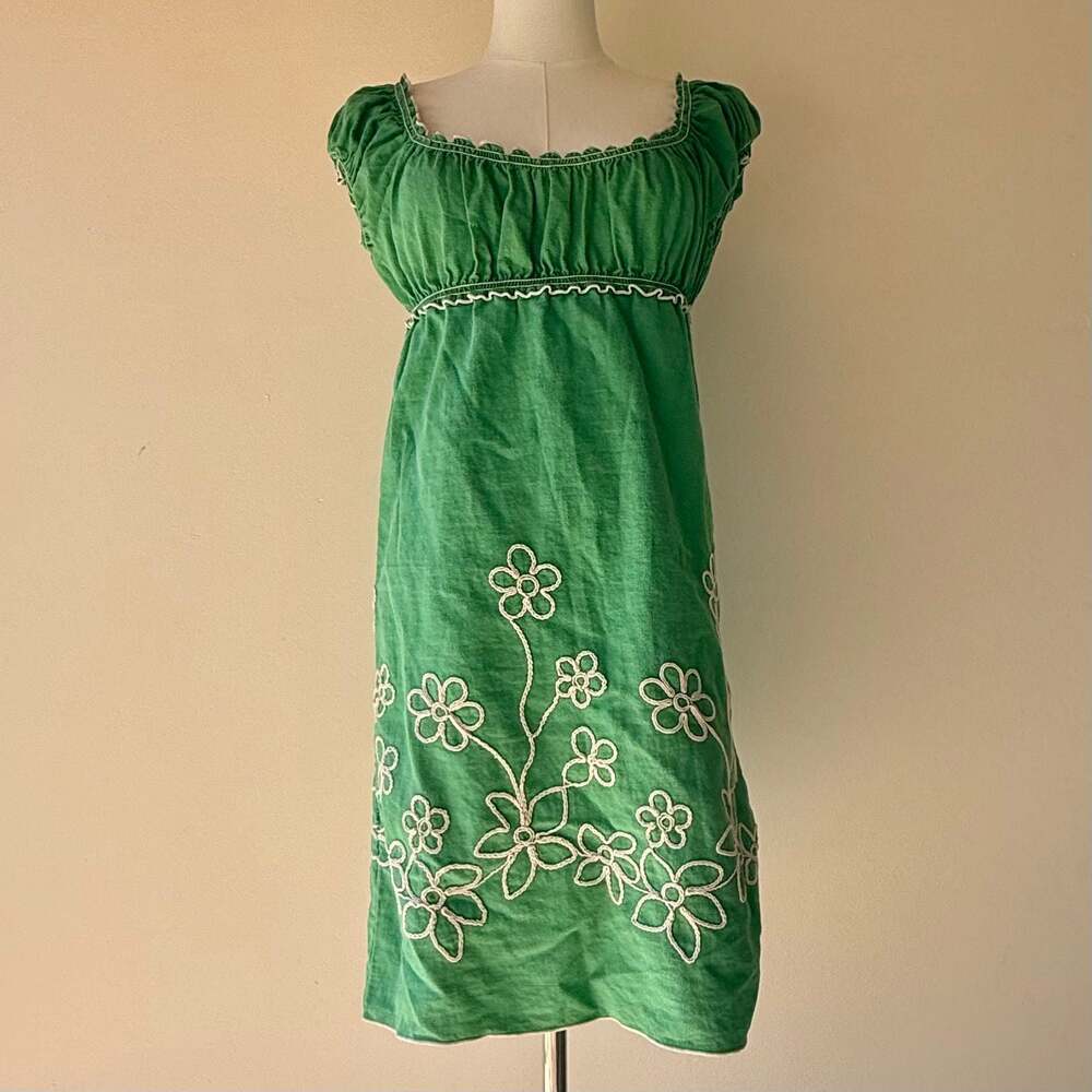 Max Studio Green Empire Waist Floral Embroidered Linen Rayon Mini Dress